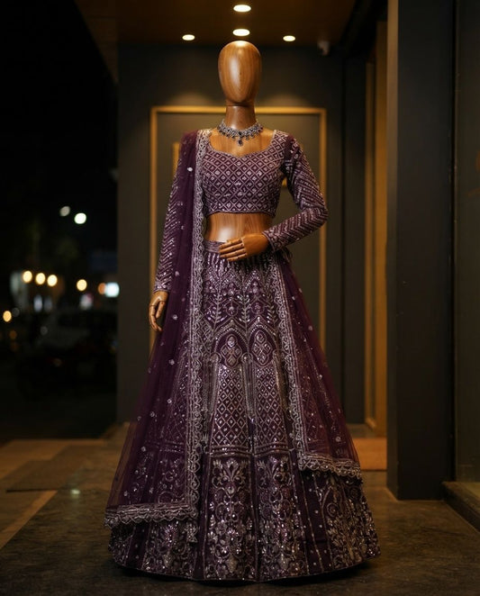 Party-wear Purple Butterfly Net Embroidery Sequence Work Lehenga Choli