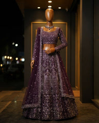 Party-wear Purple Butterfly Net Embroidery Sequence Work Lehenga Choli