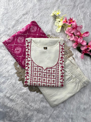 Beautiful Khadi Cotton With Embroidery Work Three Piece Set