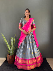 South Indian Festival Special Cotton Big Border Woven Half Saree
