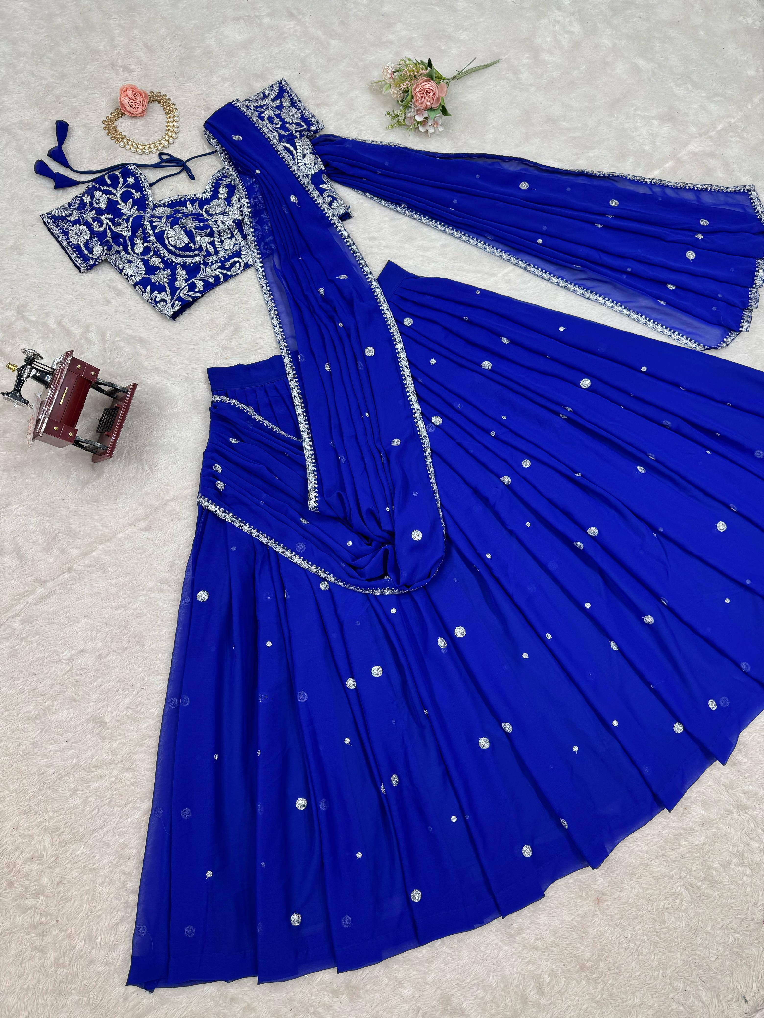 Royal Blue Georgette Thread With Sequence Ready To Wear Ruffle Lehenga Saree