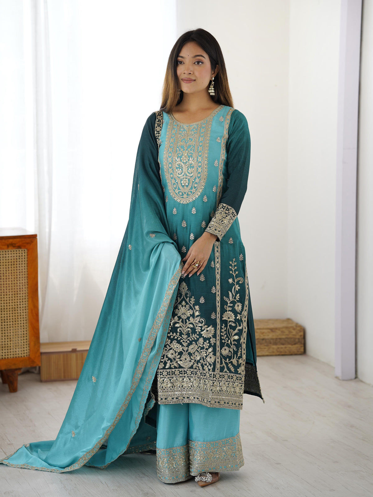 Party-wear Shaded Chinon Silk Coding Sequence & Thread Work Suit