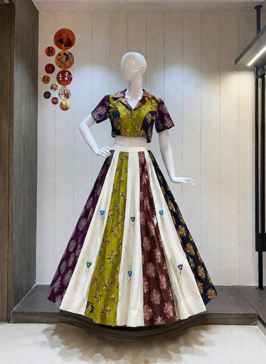 Navratri Special Collection Ajrakh With Khadi Cotton Mirror Work With Real Shells Lehenga With Stitched Choli