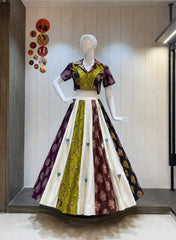 Navratri Special Collection Ajrakh With Khadi Cotton Mirror Work With Real Shells Lehenga With Stitched Choli
