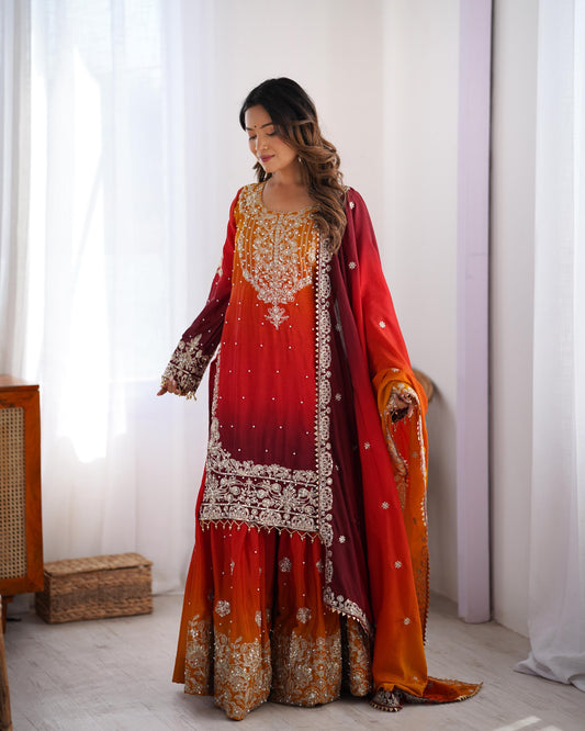 Beautiful Designer Chinon Silk Sequence With Rivet Moti Work Sharara
