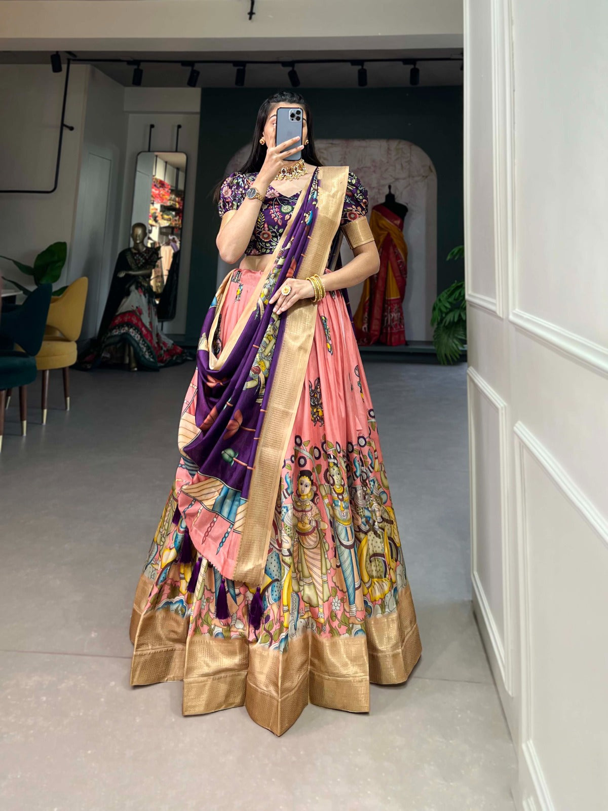 Beautiful Dola Silk Kalamkari Print With Weaving Border Lehenga Choli