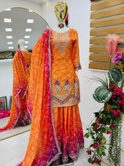 Party-wear Chinon Silk Printed With Embroidery  Sequence Work Sharara