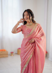 Elegant Fendy Silk Lace Border Peach Pink Ready-to-Wear Saree