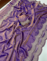 Beautiful Moss Satin Dual Shade Multi Embroidery Work Saree