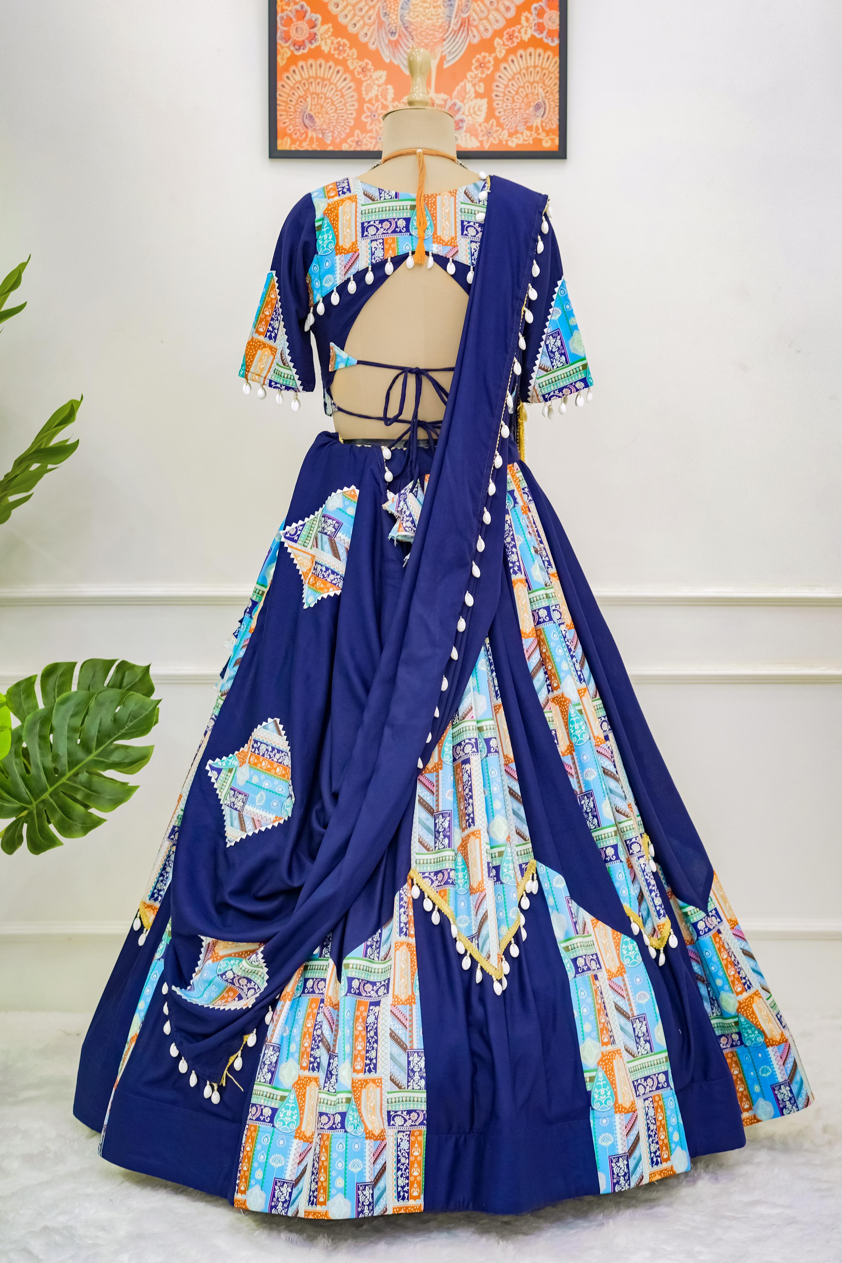 Navratri Special Blue Digital Printed Kodi Lace Border Lehenga Choli