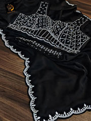 Beautiful Premium Satin Crape Crystal Stone Work Border Saree