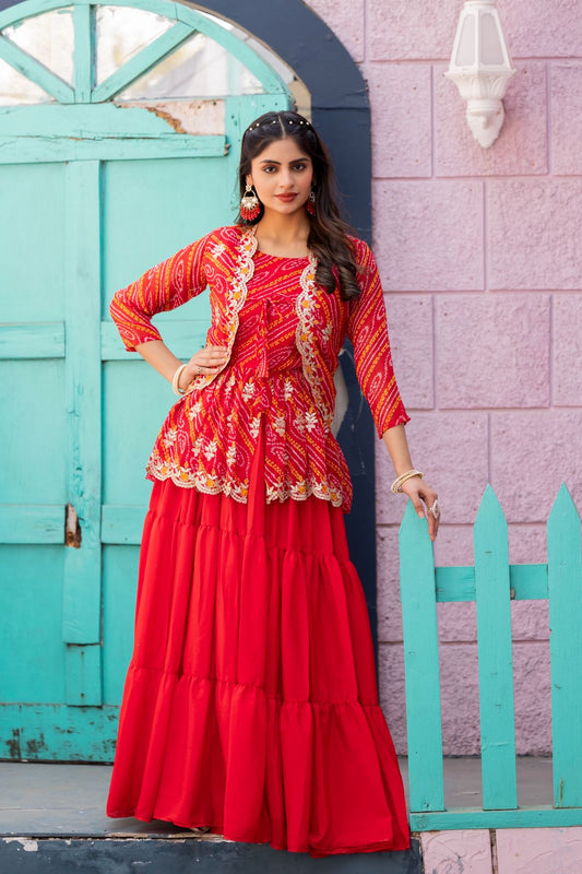 Beautiful Pure Bandhej Embroidery Thread Work Lehenga With Top & Koti