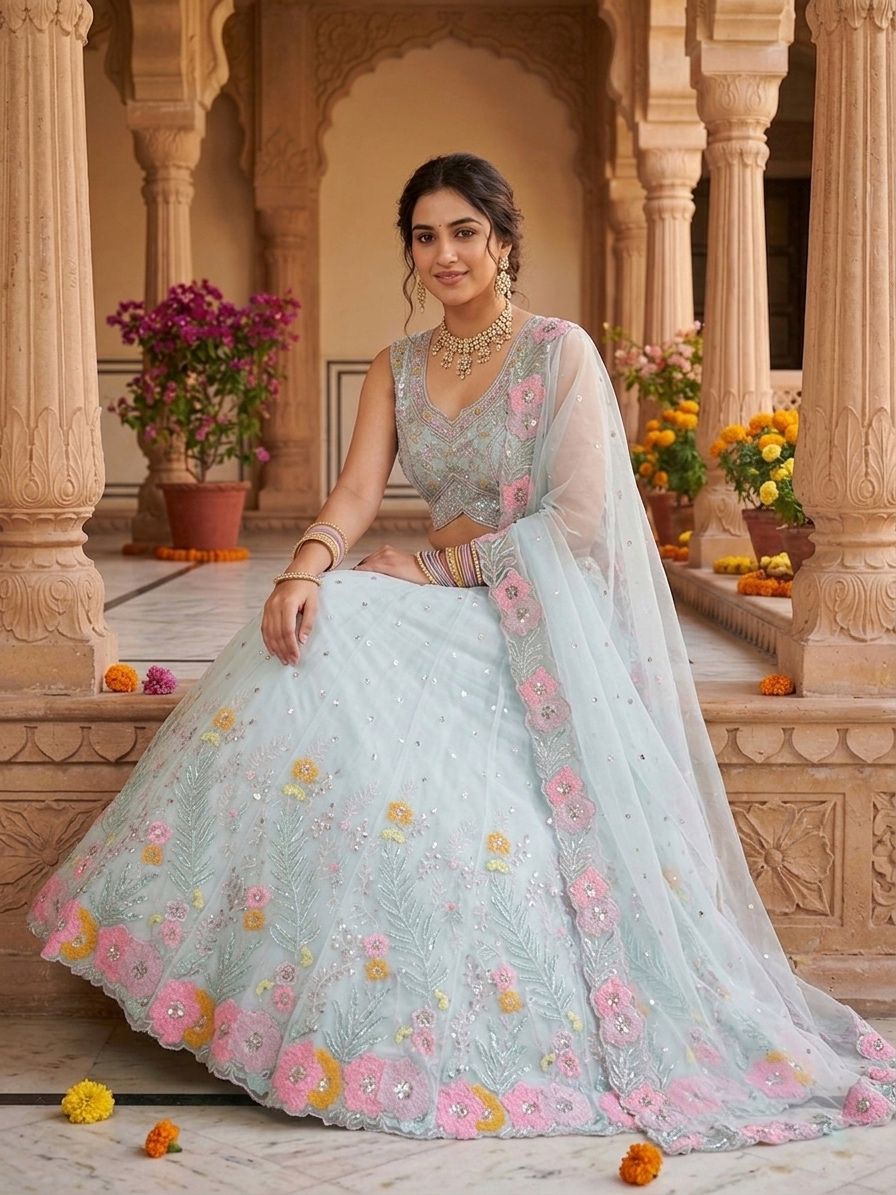 Party-wear Organza Silk Embroidery Sequence Work Lehenga Choli