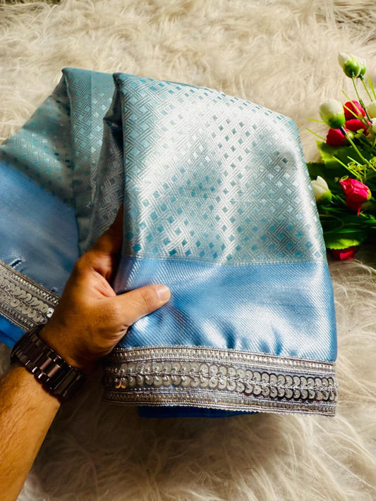 Elegant Sky Blue Banarasi Tissue silk With Silver Zari Checks Saree
