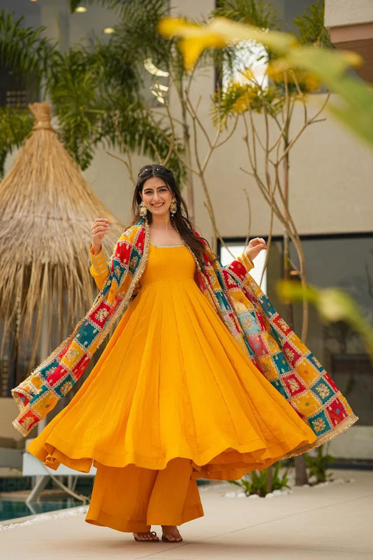 Festive Special Yellow Chinon Silk Gown