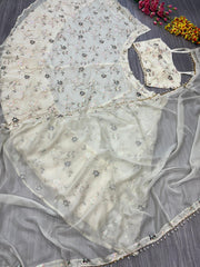 Luxurious White Premium Tabby Silk Lehenga Choli With Beautiful Thread Embroidery