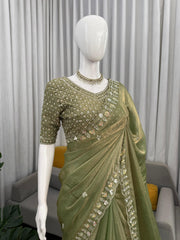 Trending Designer Cherry Red Fendy Silk Beads Thread & Sequence Work Saree