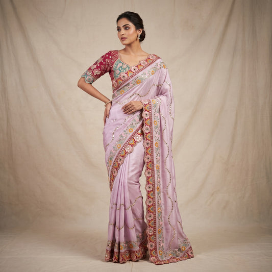 FestRangoli Silk Sequence Dori Embroidery & Real Mirror Saree With Stitched Blouse