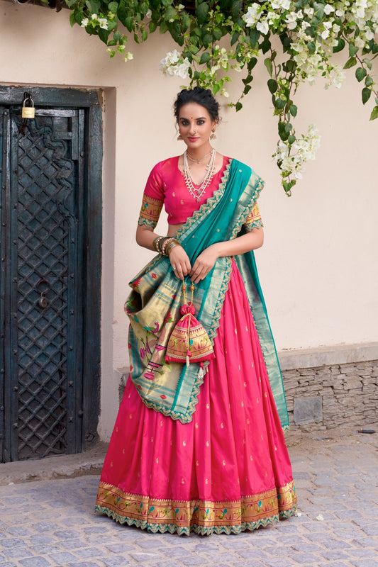 Adorning Traditional Jacquard Silk Paithani Zari Weaving Work Lehenga Choli