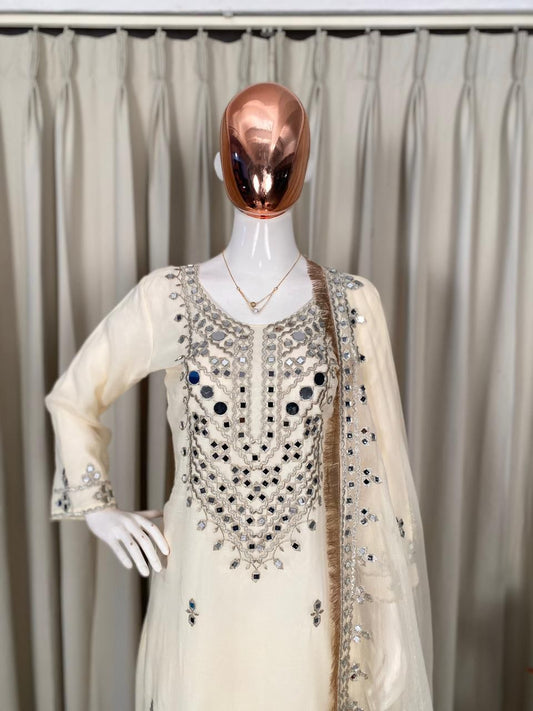 Beautiful Rose Gold Real Mirror With Embroidery Work Suit
