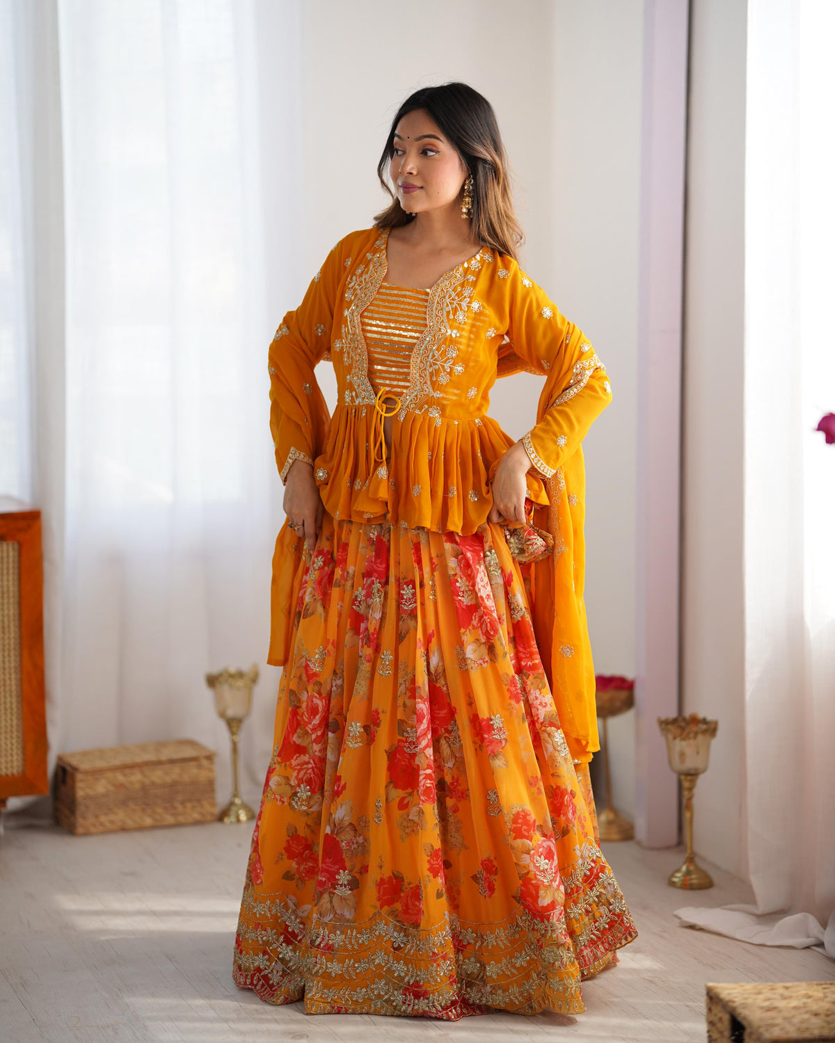 Trendy Stylish Georgette With Digital Printed Yellow Lehenga Choli
