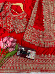 Red Bridal Special Japan Satin Thread & Coding Sequence Work Saree With Dupatta