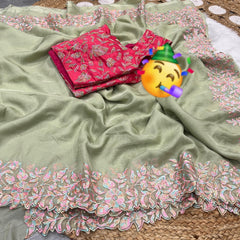 Party-wear Soft Tubby Organza Multi Thread Embroidery Work Saree