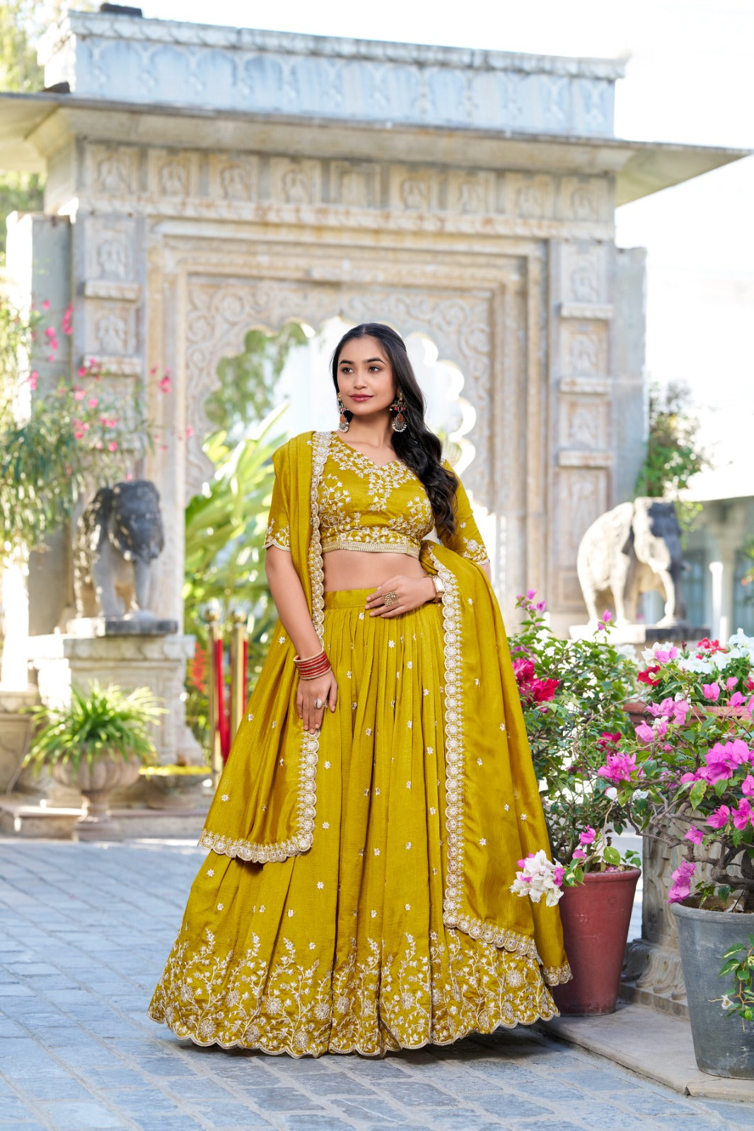 Beautiful Mustered Yellow Vichitra Silk Lehenga Choli