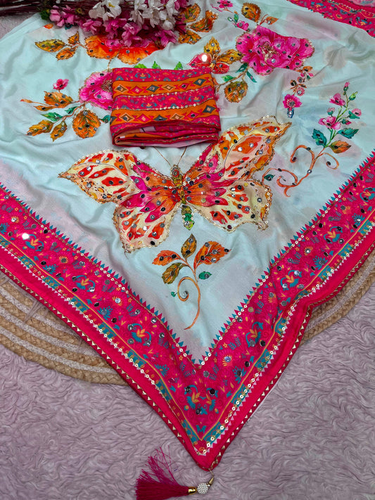 Beautiful Chinon Digital Printed With Real Mirror Work Saree