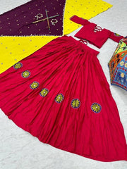 Navratri Special Rayon Cotton Embroidery Thread Work Big Flair Lehenga Choli