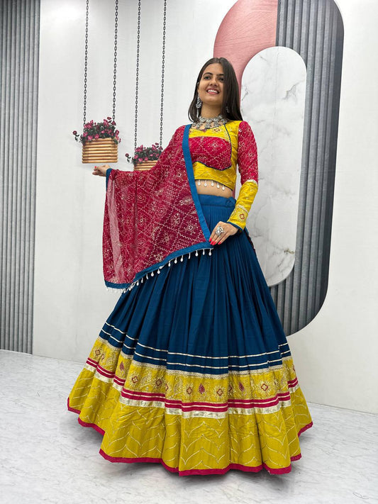 Navratri Special Cotton Embroidery Thread & Sequence Work Lehenga With Stitched Blouse