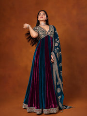 Rashmika Royal Velvet Embroidered Designer Gown With Dupatta