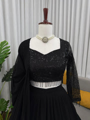 Trendy Black Ruffle Style  Georgette Work Lehenga Choli