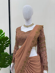 Beautiful Stylish Georgette Thread With Sequence Work Ruffle Saree With Stitched Blouse