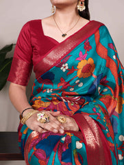 Beautiful Tussar Silk Printed With Zari Weaving Work Saree