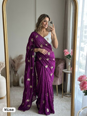 Beautiful Fendy Chiffon Silk Siroski & Val Moti Heart Cutwork Border Saree