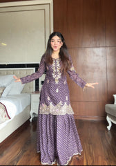 Party-wear Chinon Silk Printed Embroidery Work Sharara