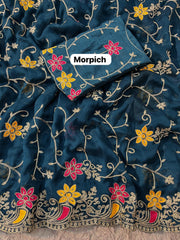 Beautiful Satin Chiffon Chainstiched Work Saree