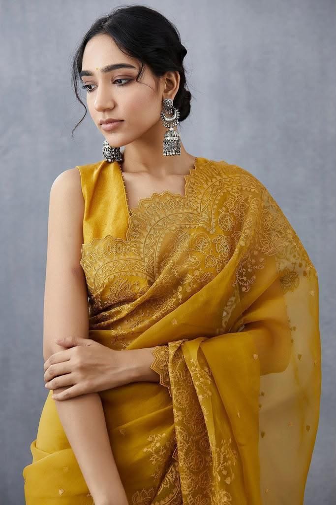 Party-wear Organza Silk Handcrafted Embroidery Work Saree