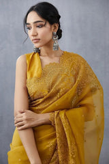 Party-wear Organza Silk Handcrafted Embroidery Work Saree
