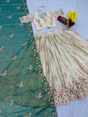 Festive Special Chinon Silk Embroidery Thread Sequence Work Lehenga With Stitched Blouse