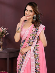 Beautiful Pink Party-wear Soft Georgette Embroidery Work Saree