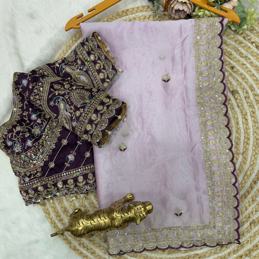 Beautiful Soft Rangoli Sequence Embroidery Work Saree With Stitched Blouse