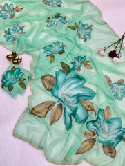 Beautiful Soft Weightless Chiffon Floral Digital Print & Embroidery Work Saree