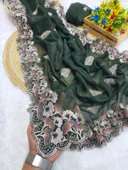 Beautiful C Pallu Concept With Multi Colour Thread Work Saree