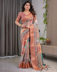 Beautiful  Pure Hand-loom Linen Digital Floral Printed Saree
