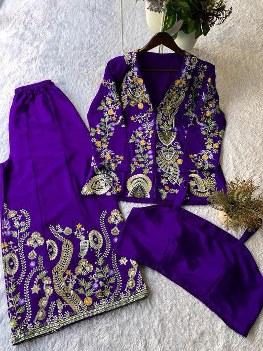 Trendy Stylish Chinon Silk Sequence Embroidery Work Three Piece Set