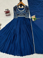 Attretive Chinon Silk Real Mirror Work Gown