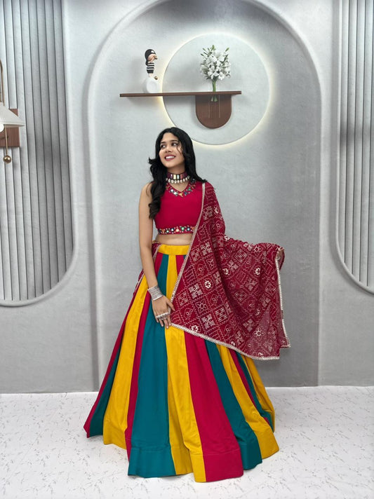 Navratri Special Cotton Hand Mirror Work & Thread Work Lehenga With Stitched Choli