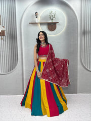 Navratri Special Cotton Hand Mirror Work & Thread Work Lehenga With Stitched Choli